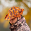 A man models the DECOY Blaze Orange Camo Jones Hat featuring the classic FrogSkin Camo pattern and embroidered DECOY logo, side view