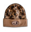 FrogSkin Camo toboggan beanie in classic duck hunting camo, front view showing stretch knit design and DECOY logo patch.